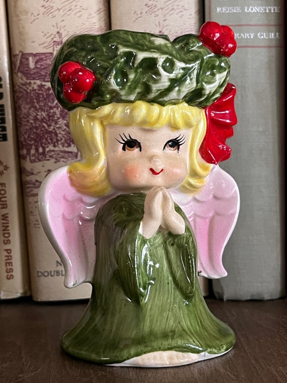 Vintage Lefton Japan Angel Figurine 4” Praying Angel Holly Hat Christmas Decor